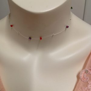 Colier handmade din fir transparent și hematit inimioare cu coral și accesorii din argint 925 cu prelungire