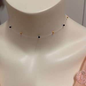 Colier handmade din fir transparent cu accesorii din argint și mărgeluțe din onix cu prelungire